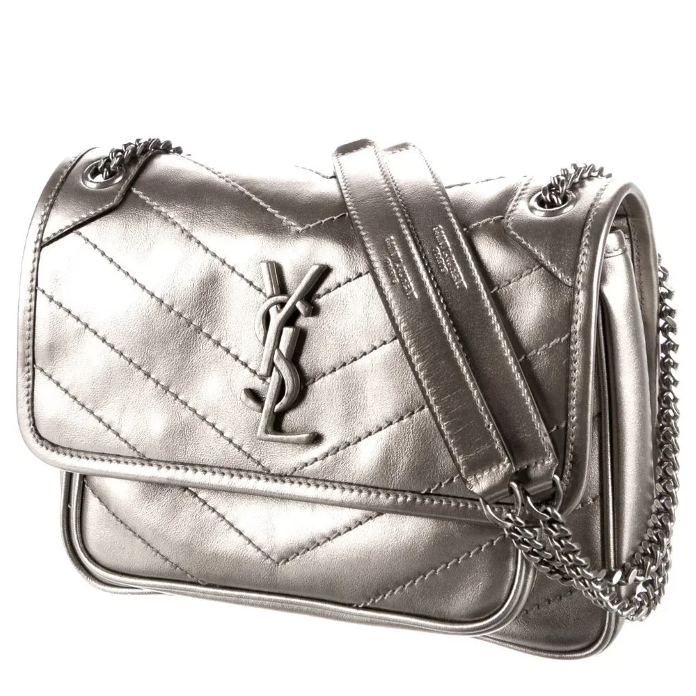 SAINT LAURENT Baby Niki Quilted Metallic Silver Leather Shoulder Bag